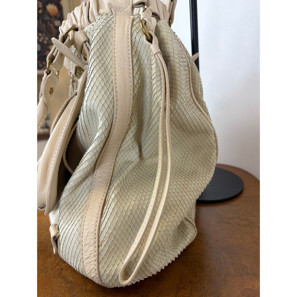Vintage Lockhart Cream Leather Large Handbag Snakeskin Details Multi Pocket Bag - Picture 3 of 11